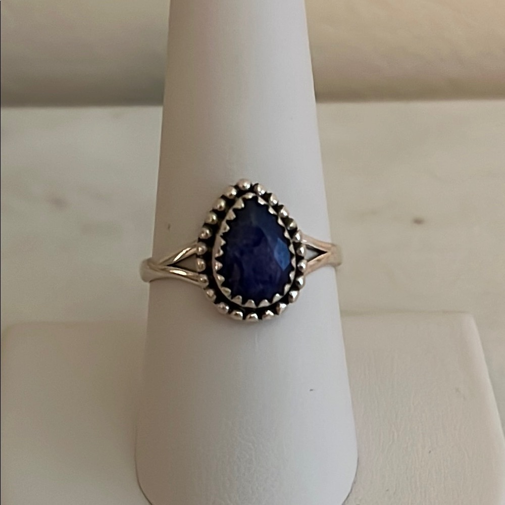 925 Solid Sterling Silver Pear Faceted Sapphire Gemstone Ring Various Sizes
